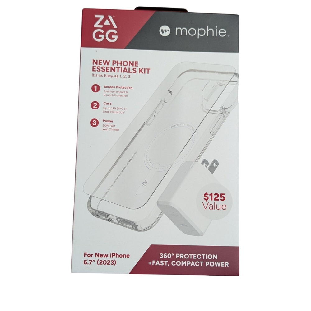 Ab. ZAGG Screen Protector+30W USB-C Power Adapter+Clear Case‎ for iPhone 15 Plus